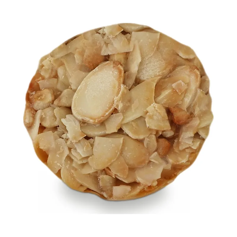A round florentine covered in toasted sliced almonds