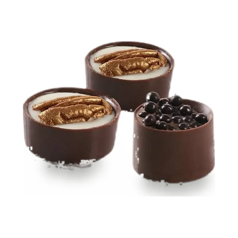 Dark chocolate cups with nut toppings