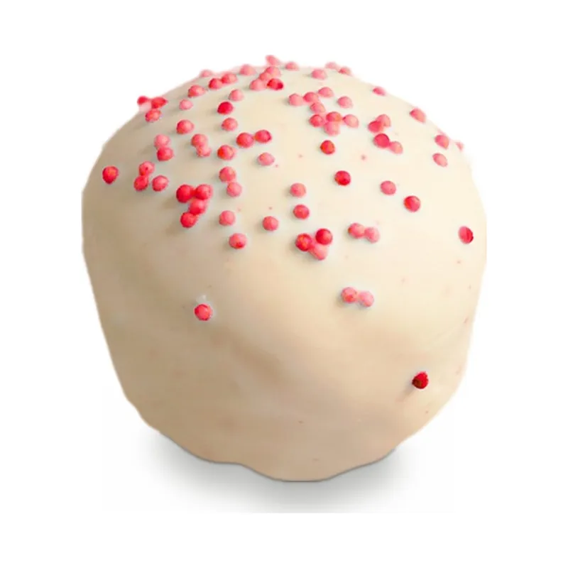 A white chocolate truffle with pink sprinkles