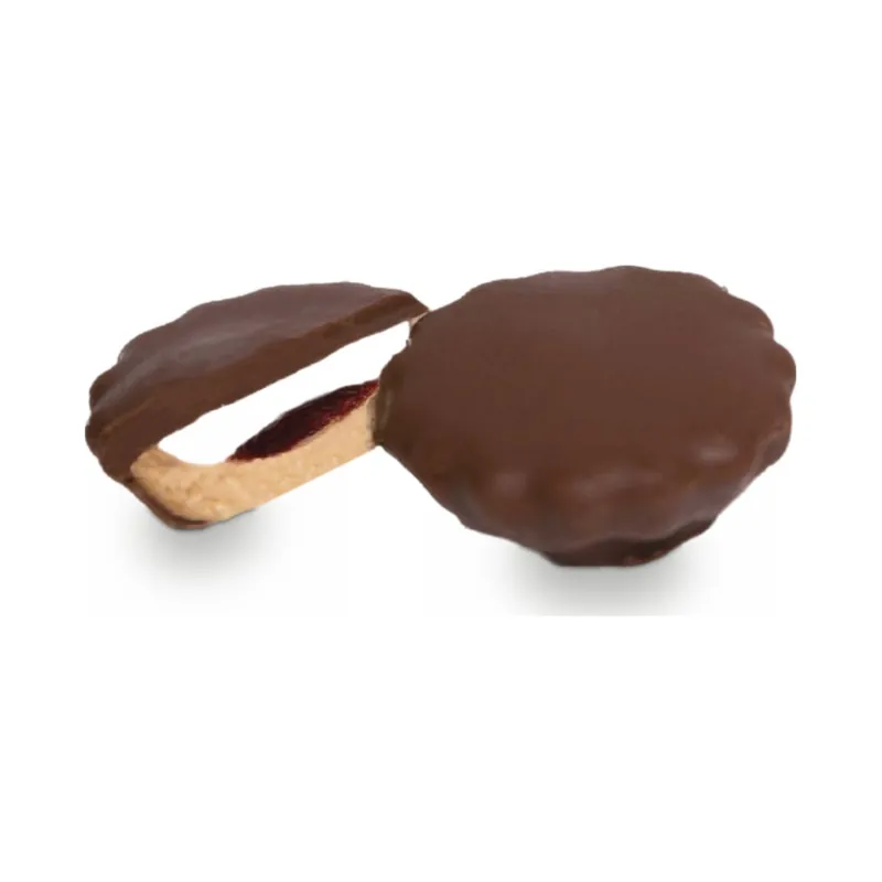 Chocolate-coated biscuits, one turned to show the base