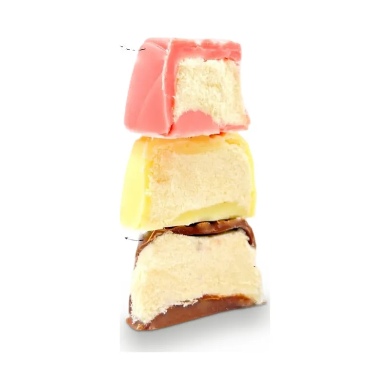 Stacked layers of pink, yellow and white nougat