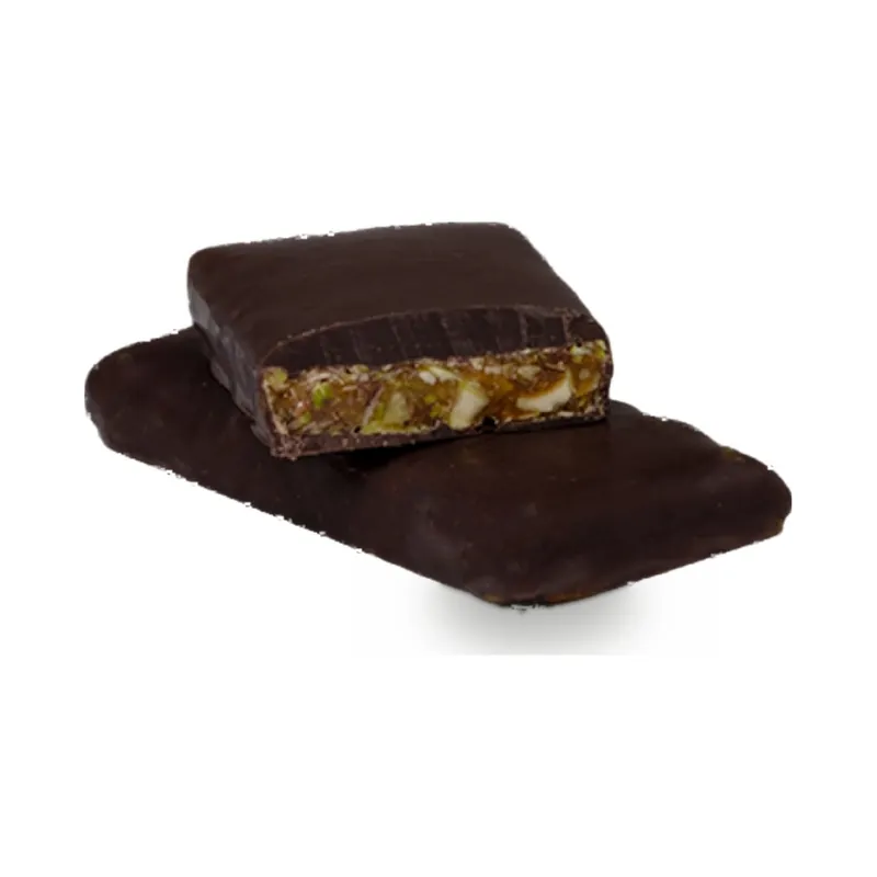 Dark chocolate bar pieces with a pistachio filling