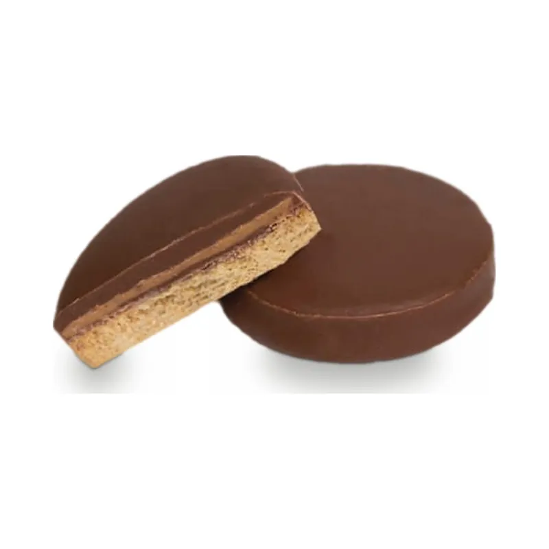 A chocolate disc cut to show a biscuit layer
