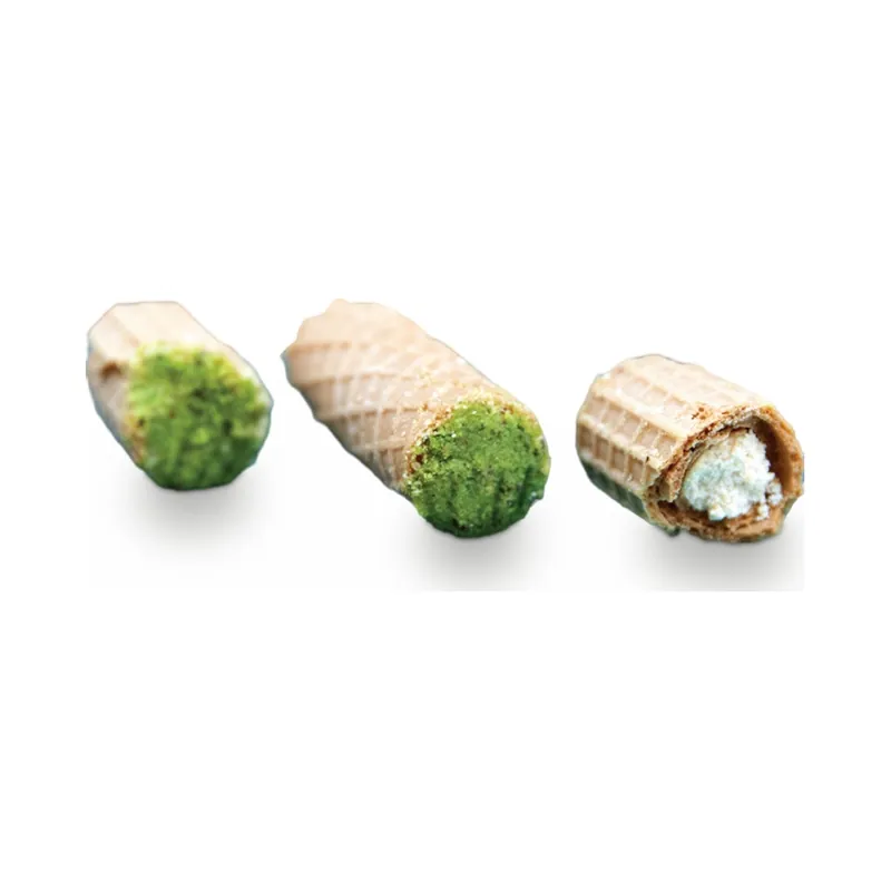 Wafer rolls with pistachio-filled ends