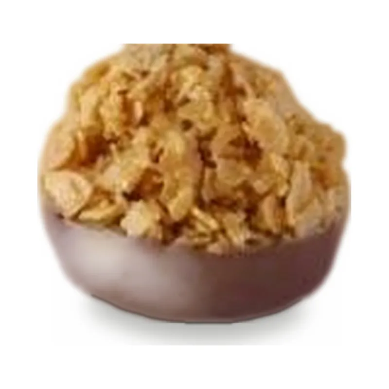 A chocolate cup topped with crisp flakes