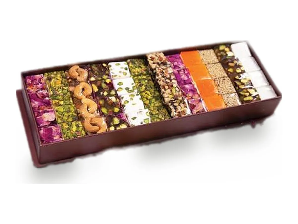 A long box of assorted chocolate and nut squares