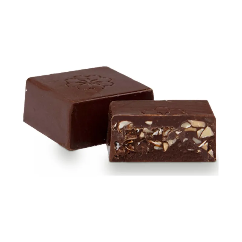Dark chocolate squares with chopped nuts inside