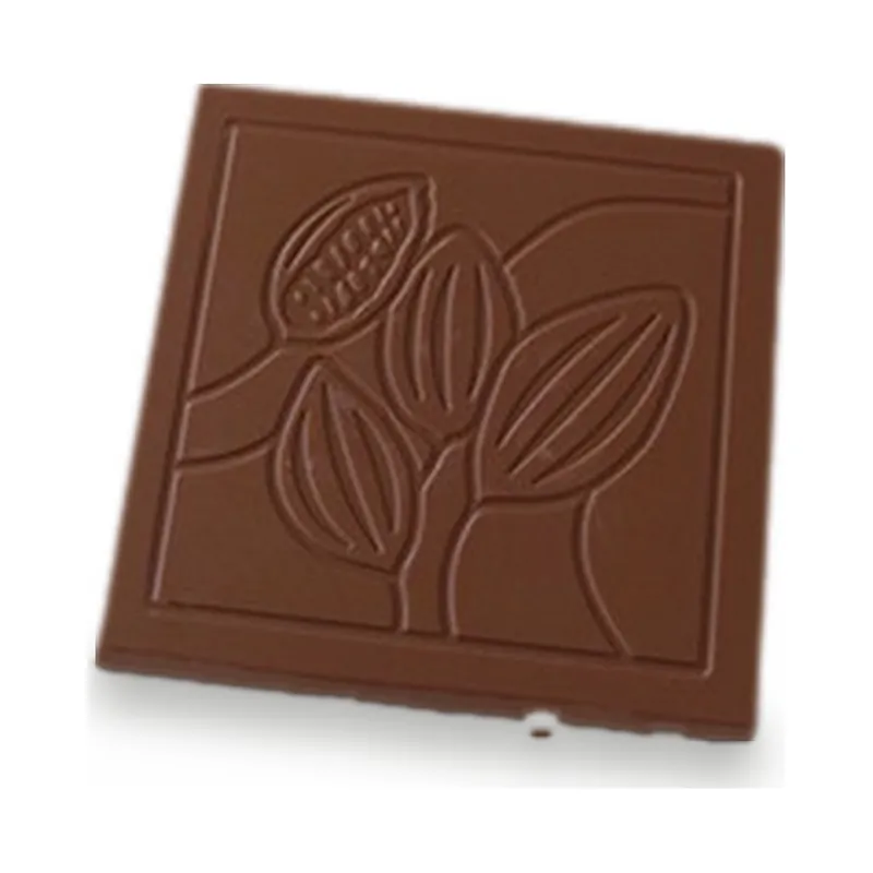 A milk chocolate tablet embossed with cocoa pods