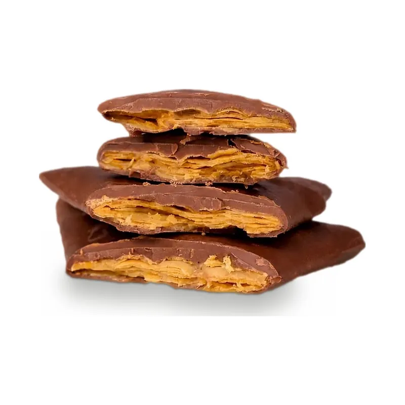Stacked chocolate-coated crispy thins