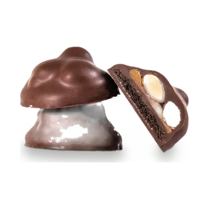 Chocolate domes, one cut to show a whole nut