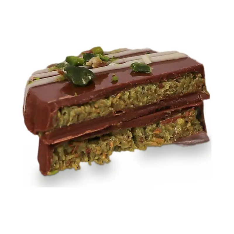 A layered pistachio and chocolate slice