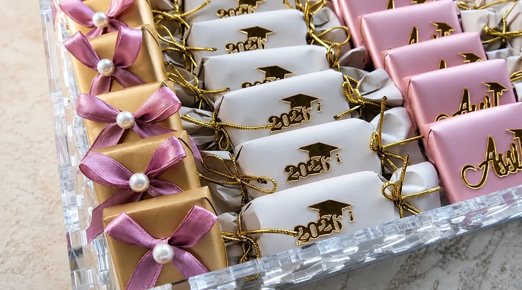Decorated Chocohome graduation chocolates in white, pink, and gold